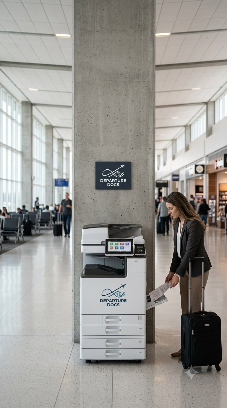 Traveler printing a document at a Departure Docs kiosk in an airport terminal