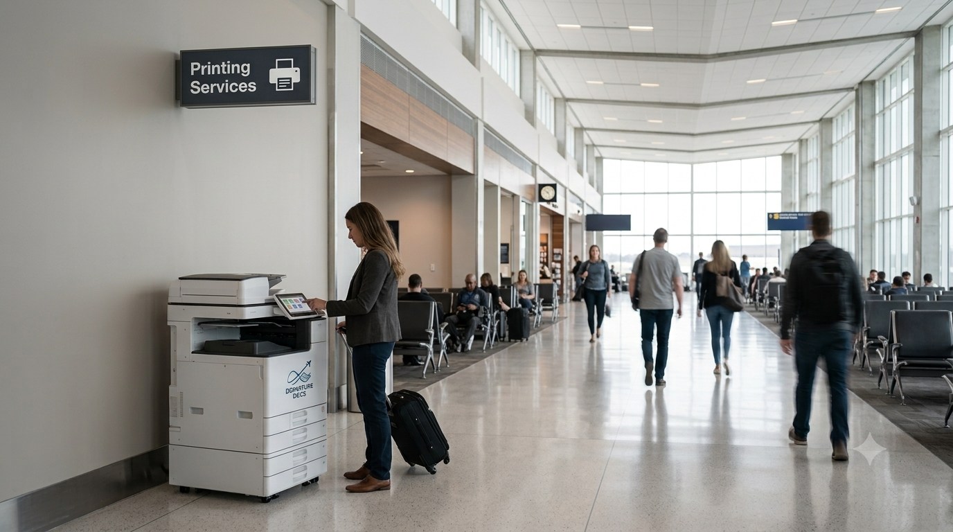 Departure Docs kiosk placed along a concourse wall in a busy airport terminal